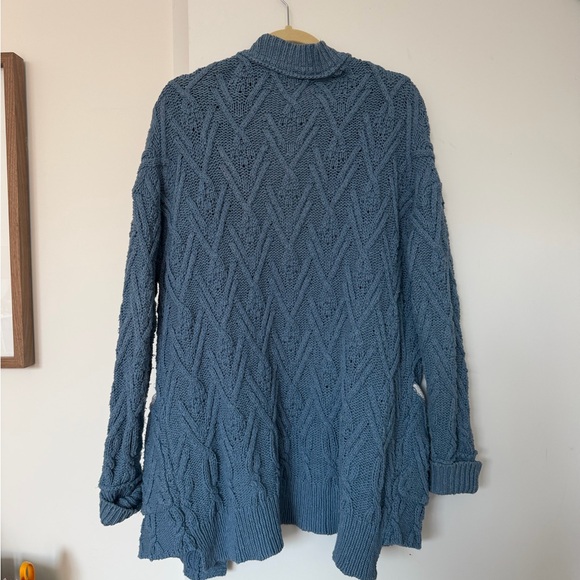 Free People Blue Cable Knit Cardigan with White Trim - Picture 2 of 3